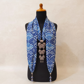 Blue & White hand-stamped cotton scarf. Choose this fabric for both your scarf and earrings.
