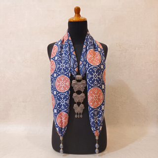 Navy & Coral Medallion hand-stamped cotton scarf. Choose this fabric for both your scarf and earrings.