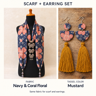Navy & Coral Floral scarf and matching fabric-covered earrings with Mustard cotton tassels.