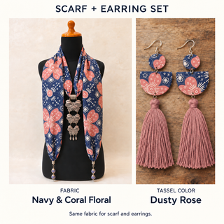 Navy & Coral Floral scarf and matching fabric-covered earrings with Dusty Rose cotton tassels.