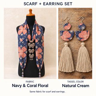 Navy & Coral Floral scarf and matching fabric-covered earrings with Natural Cream cotton tassels.