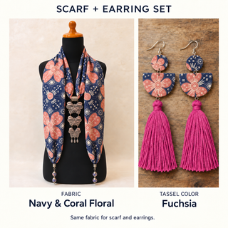 Navy & Coral Floral scarf and matching fabric-covered earrings with Fuchsia cotton tassels.