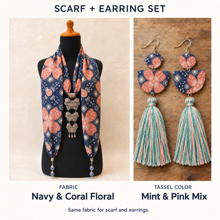 Navy & Coral Floral scarf and matching fabric-covered earrings with Mint & Pink Mix cotton tassels.