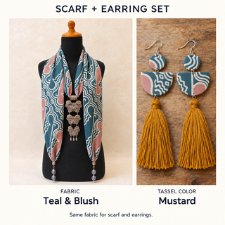 Teal & Blush scarf and matching fabric-covered earrings with Mustard cotton tassels.