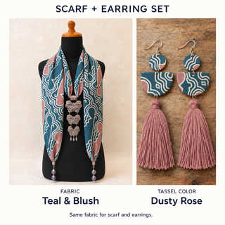 Teal & Blush scarf and matching fabric-covered earrings with Dusty Rose cotton tassels.