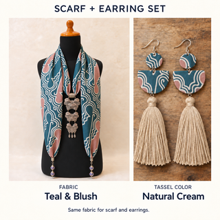 Teal & Blush scarf and matching fabric-covered earrings with Natural Cream cotton tassels.