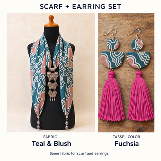 Teal & Blush scarf and matching fabric-covered earrings with Fuchsia cotton tassels.