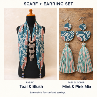 Teal & Blush scarf and matching fabric-covered earrings with Mint & Pink Mix cotton tassels.