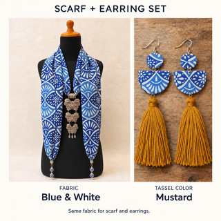 Blue & White scarf and matching fabric-covered earrings with Mustard cotton tassels.