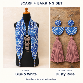 Blue & White scarf and matching fabric-covered earrings with Dusty Rose cotton tassels.