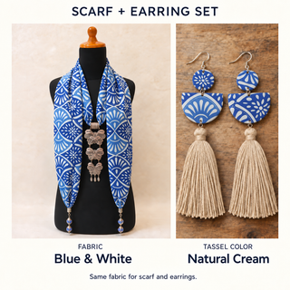 Blue & White scarf and matching fabric-covered earrings with Natural Cream cotton tassels.