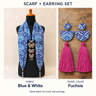 Blue & White scarf and matching fabric-covered earrings with Fuchsia cotton tassels.