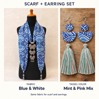 Blue & White scarf and matching fabric-covered earrings with Mint & Pink Mix cotton tassels.