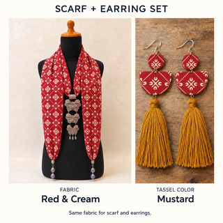 Red & Cream scarf and matching fabric-covered earrings with Mustard cotton tassels.
