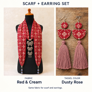 Red & Cream scarf and matching fabric-covered earrings with Dusty Rose cotton tassels.