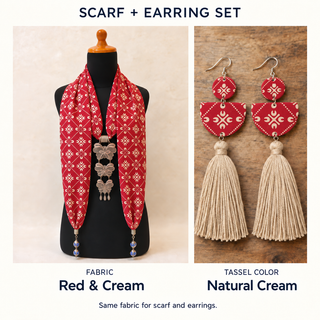 Red & Cream scarf and matching fabric-covered earrings with Natural Cream cotton tassels.