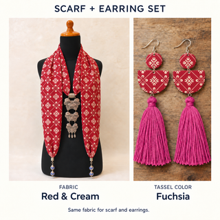 Red & Cream scarf and matching fabric-covered earrings with Fuchsia cotton tassels.