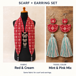 Red & Cream scarf and matching fabric-covered earrings with Mint & Pink Mix cotton tassels.