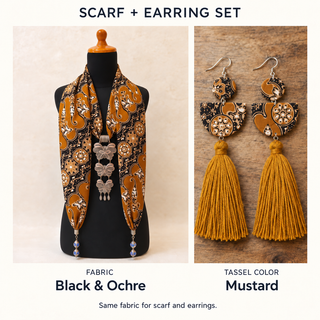 Black & Ochre scarf and matching fabric-covered earrings with Mustard cotton tassels.