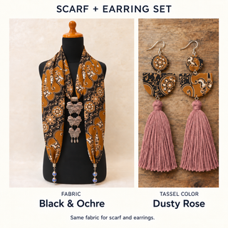 Black & Ochre scarf and matching fabric-covered earrings with Dusty Rose cotton tassels.