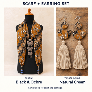 Black & Ochre scarf and matching fabric-covered earrings with Natural Cream cotton tassels.