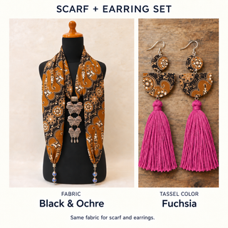 Black & Ochre scarf and matching fabric-covered earrings with Fuchsia cotton tassels.