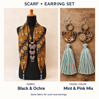 Black & Ochre scarf and matching fabric-covered earrings with Mint & Pink Mix cotton tassels.