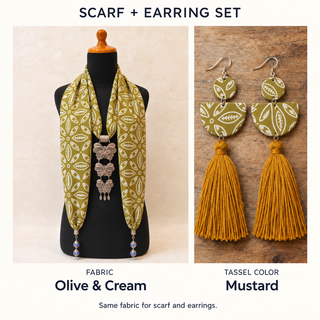 Olive & Cream scarf and matching fabric-covered earrings with Mustard cotton tassels.