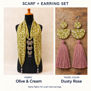 Olive & Cream scarf and matching fabric-covered earrings with Dusty Rose cotton tassels.