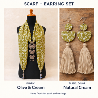 Olive & Cream scarf and matching fabric-covered earrings with Natural Cream cotton tassels.