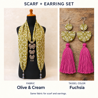 Olive & Cream scarf and matching fabric-covered earrings with Fuchsia cotton tassels.