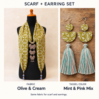 Olive & Cream scarf and matching fabric-covered earrings with Mint & Pink Mix cotton tassels.