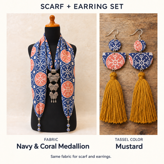Navy & Coral Medallion scarf and matching fabric-covered earrings with Mustard cotton tassels.
