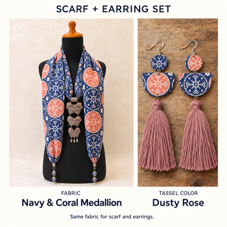 Navy & Coral Medallion scarf and matching fabric-covered earrings with Dusty Rose cotton tassels.