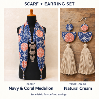 Navy & Coral Medallion scarf and matching fabric-covered earrings with Natural Cream cotton tassels.