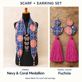 Navy & Coral Medallion scarf and matching fabric-covered earrings with Fuchsia cotton tassels.