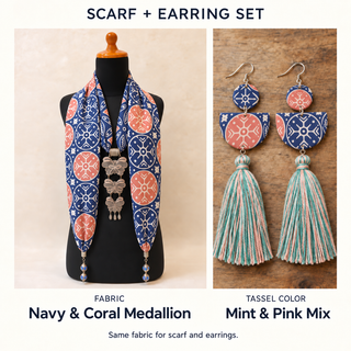 Navy & Coral Medallion scarf and matching fabric-covered earrings with Mint & Pink Mix cotton tassels.