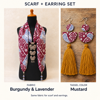 Burgundy & Lavender scarf and matching fabric-covered earrings with Mustard cotton tassels.
