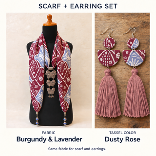 Burgundy & Lavender scarf and matching fabric-covered earrings with Dusty Rose cotton tassels.