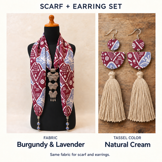 Burgundy & Lavender scarf and matching fabric-covered earrings with Natural Cream cotton tassels.
