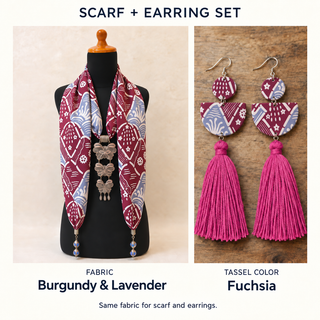 Burgundy & Lavender scarf and matching fabric-covered earrings with Fuchsia cotton tassels.