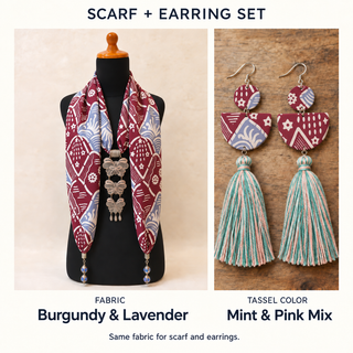 Burgundy & Lavender scarf and matching fabric-covered earrings with Mint & Pink Mix cotton tassels.