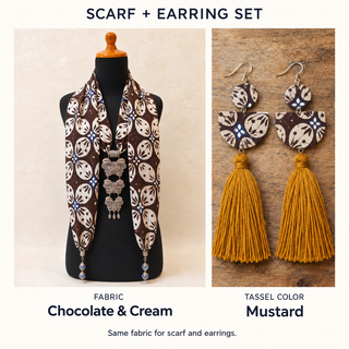 Chocolate & Cream scarf and matching fabric-covered earrings with Mustard cotton tassels.