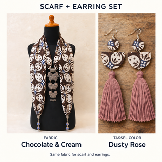 Chocolate & Cream scarf and matching fabric-covered earrings with Dusty Rose cotton tassels.