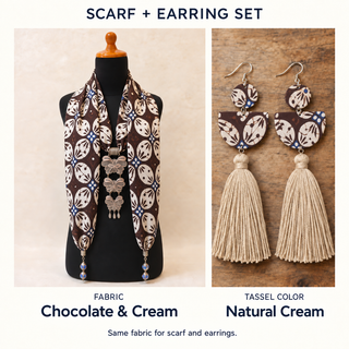 Chocolate & Cream scarf and matching fabric-covered earrings with Natural Cream cotton tassels.