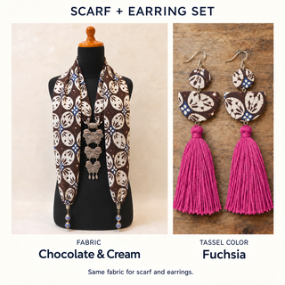 Chocolate & Cream scarf and matching fabric-covered earrings with Fuchsia cotton tassels.