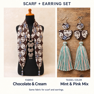 Chocolate & Cream scarf and matching fabric-covered earrings with Mint & Pink Mix cotton tassels.